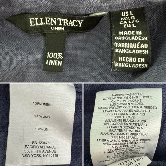 Ellen Tracy 100% linen pop over blouse tunic collared navy blue size large L - Picture 4 of 5